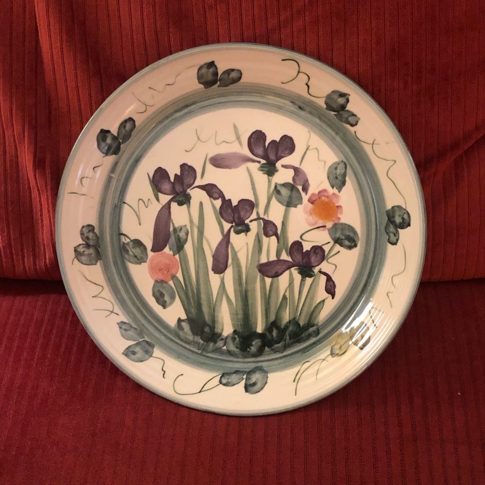 Elaine Hand-Painted Floral Ceramic Plate - Purple Iris 13” Diameter Green Pink